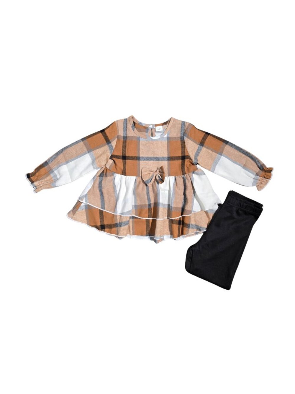 NWOT | Girls' 2-Piece Plaid Tunic & Leggings Set | Tiered Peplum | Caramel Onyx